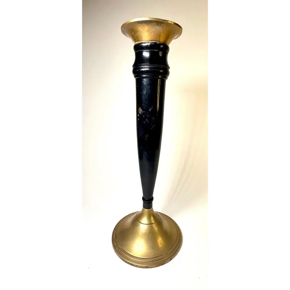 Vintage Brass & Black Metal Candlestick Holder – 9” Tall Midcentury Decor